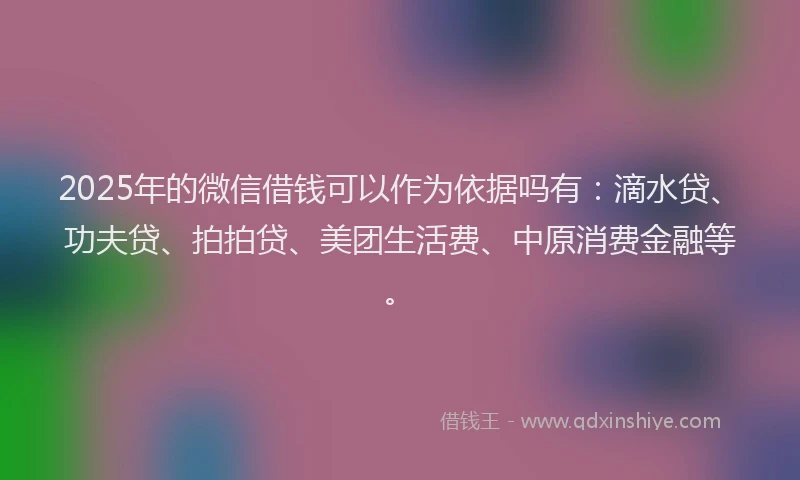 2025年的微信借钱可以作为依据吗有：滴水贷、功夫贷、拍拍贷、美团生活费、中原消费金融等。
