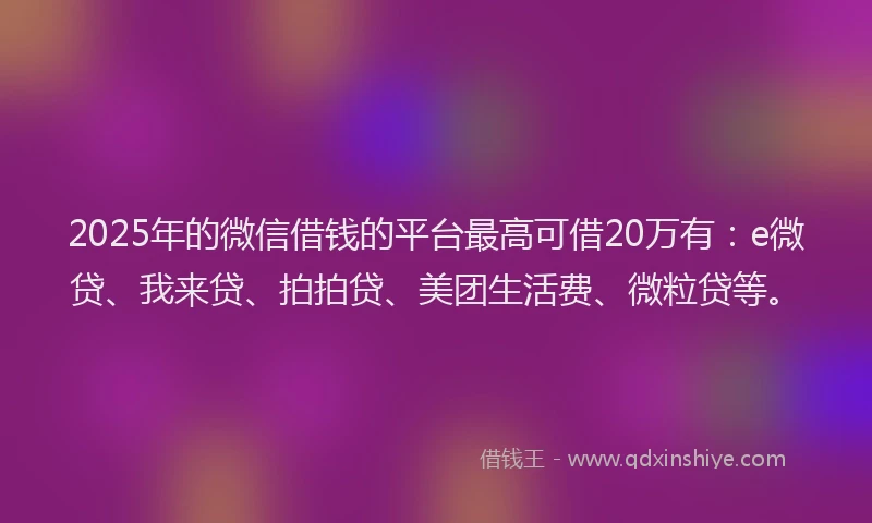 2025年的微信借钱的平台最高可借20万有：e微贷、我来贷、拍拍贷、美团生活费、微粒贷等。