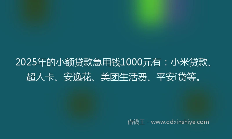 2025年的小额贷款急用钱1000元有：小米贷款、超人卡、安逸花、美团生活费、平安i贷等。