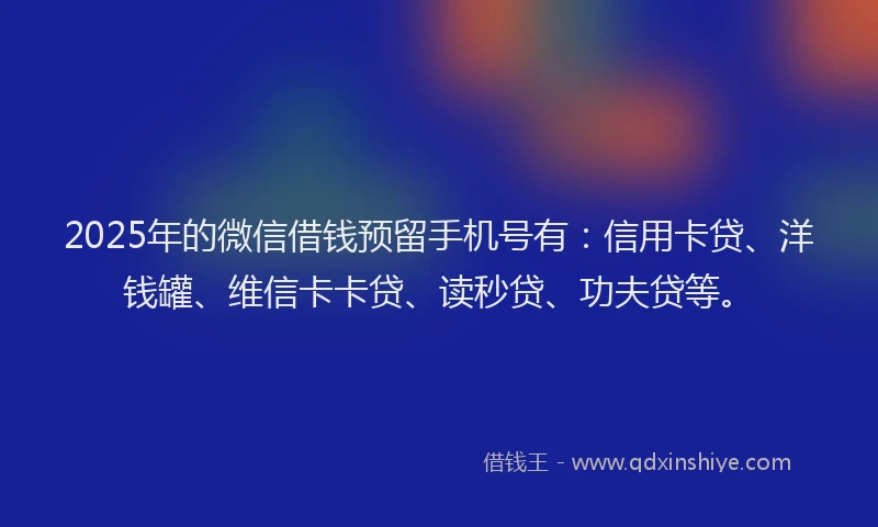 2025年的微信借钱预留手机号有：信用卡贷、洋钱罐、维信卡卡贷、读秒贷、功夫贷等。