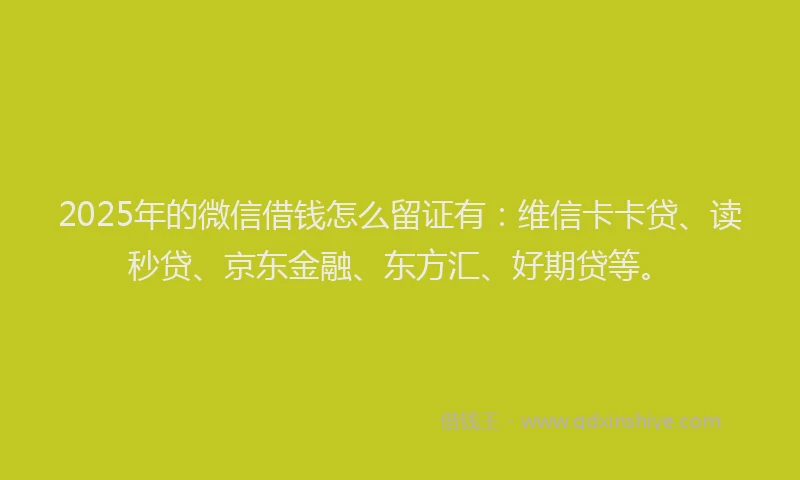 2025年的微信借钱怎么留证有：维信卡卡贷、读秒贷、京东金融、东方汇、好期贷等。