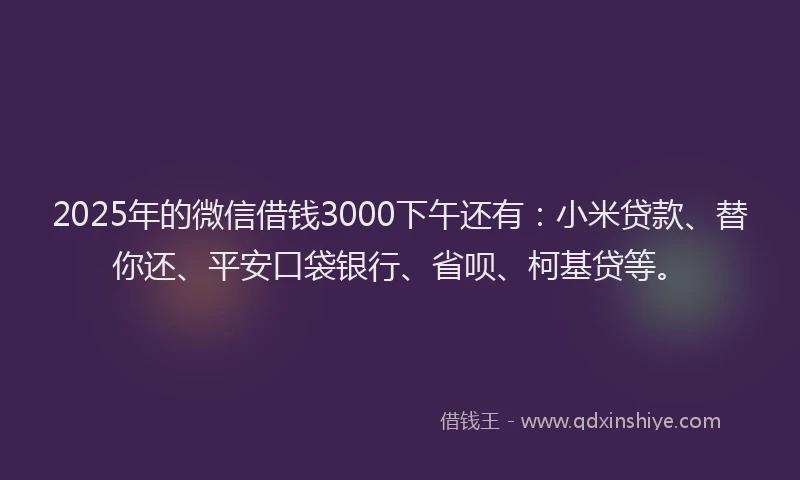 2025年的微信借钱3000下午还有：小米贷款、替你还、平安口袋银行、省呗、柯基贷等。