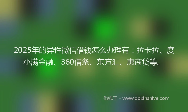 2025年的异性微信借钱怎么办理有：拉卡拉、度小满金融、360借条、东方汇、惠商贷等。