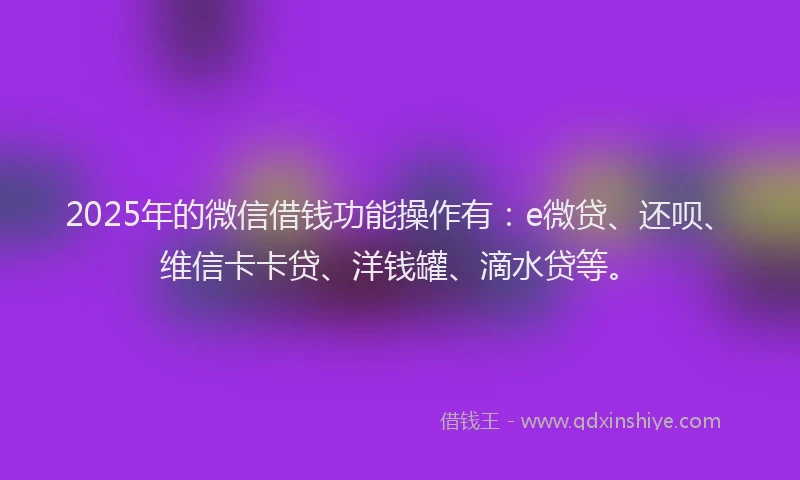 2025年的微信借钱功能操作有：e微贷、还呗、维信卡卡贷、洋钱罐、滴水贷等。