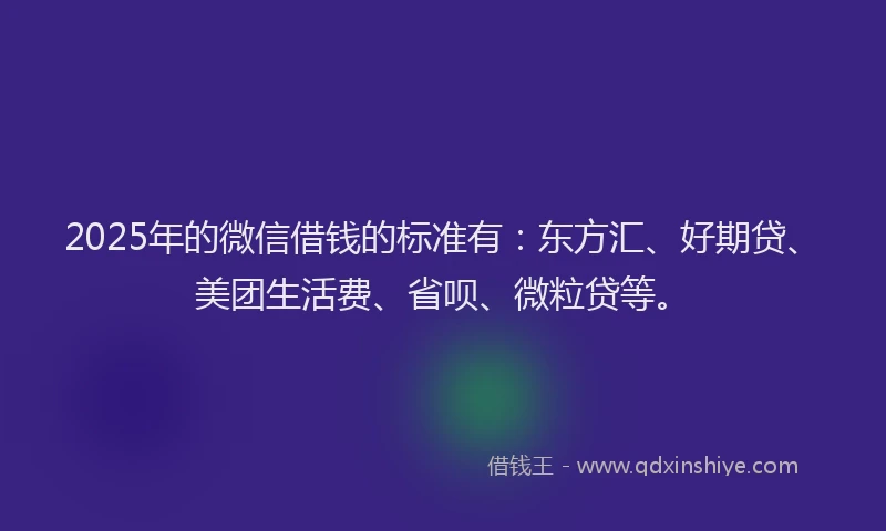 2025年的微信借钱的标准有：东方汇、好期贷、美团生活费、省呗、微粒贷等。