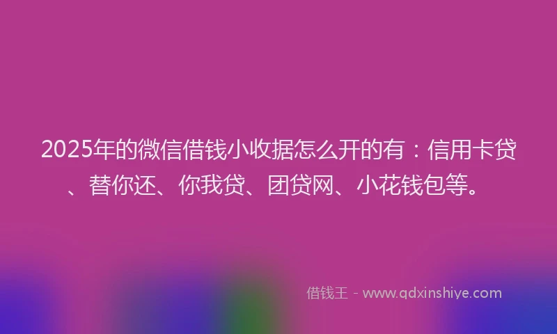 2025年的微信借钱小收据怎么开的有：信用卡贷、替你还、你我贷、团贷网、小花钱包等。