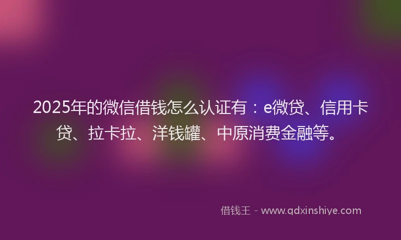 2025年的微信借钱怎么认证有：e微贷、信用卡贷、拉卡拉、洋钱罐、中原消费金融等。