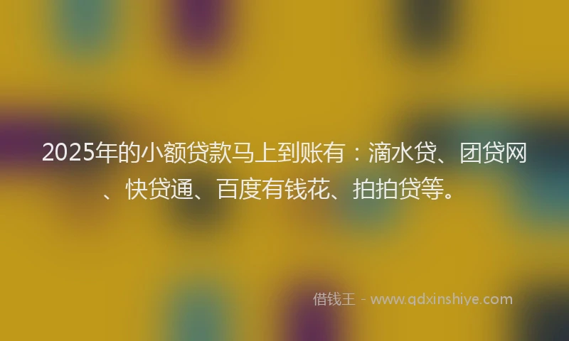 2025年的小额贷款马上到账有：滴水贷、团贷网、快贷通、百度有钱花、拍拍贷等。