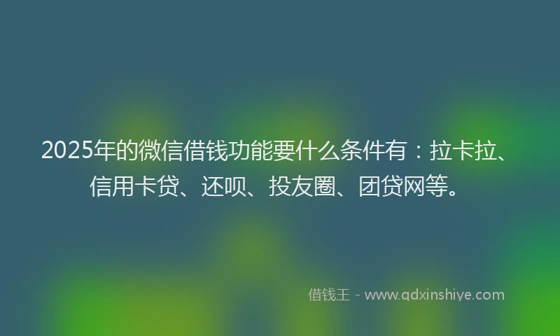 2025年的微信借钱功能要什么条件有：拉卡拉、信用卡贷、还呗、投友圈、团贷网等。