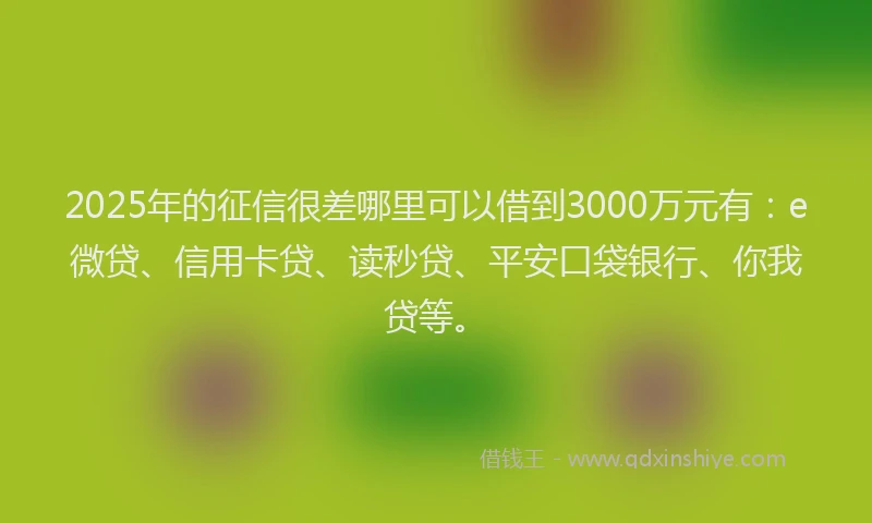 2025年的征信很差哪里可以借到3000万元有：e微贷、信用卡贷、读秒贷、平安口袋银行、你我贷等。