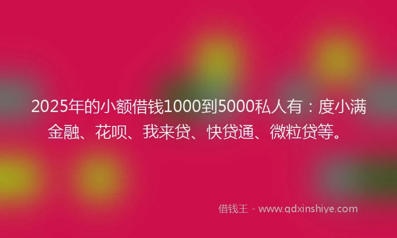 2025年的小额借钱1000到5000私人有：度小满金融、花呗、我来贷、快贷通、微粒贷等。