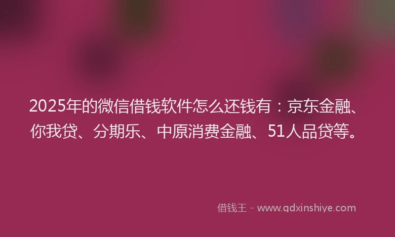 2025年的微信借钱软件怎么还钱有：京东金融、你我贷、分期乐、中原消费金融、51人品贷等。