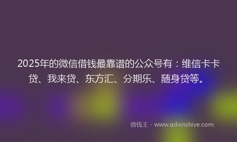 2025年的微信借钱最靠谱的公众号有：维信卡卡贷、我来贷、东方汇、分期乐、随身贷等。