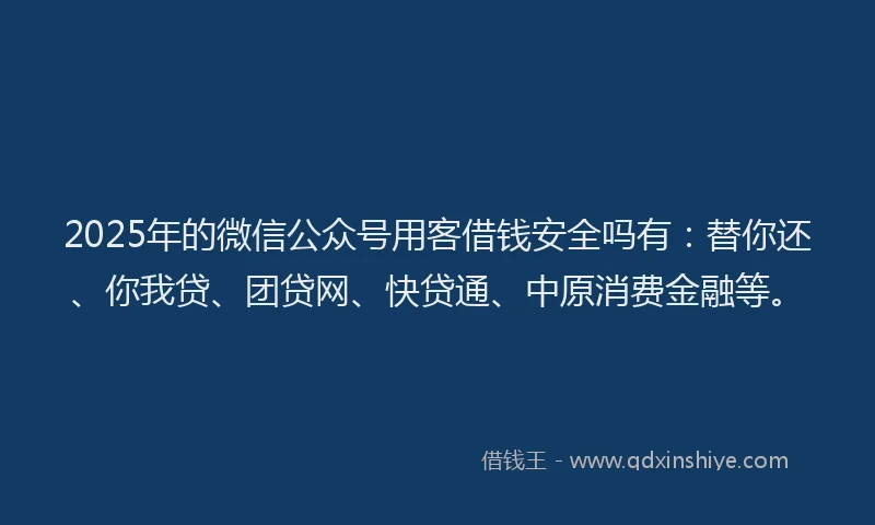 2025年的微信公众号用客借钱安全吗有：替你还、你我贷、团贷网、快贷通、中原消费金融等。