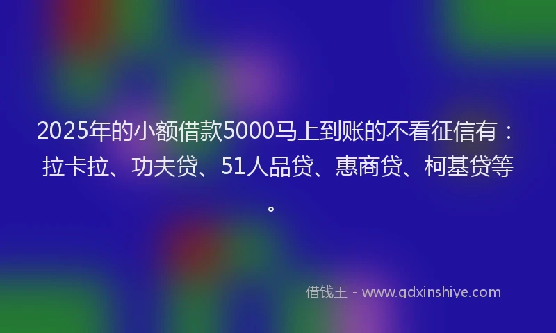 2025年的小额借款5000马上到账的不看征信有：拉卡拉、功夫贷、51人品贷、惠商贷、柯基贷等。