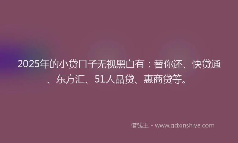 2025年的小贷口子无视黑白有：替你还、快贷通、东方汇、51人品贷、惠商贷等。