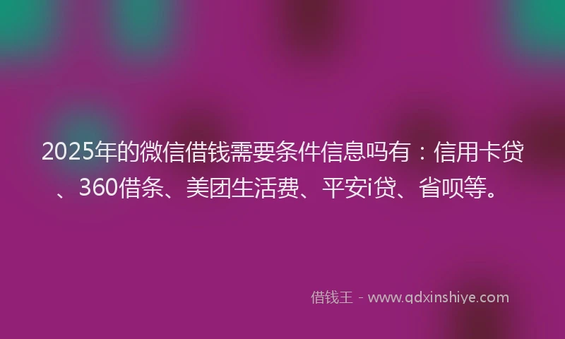 2025年的微信借钱需要条件信息吗有：信用卡贷、360借条、美团生活费、平安i贷、省呗等。