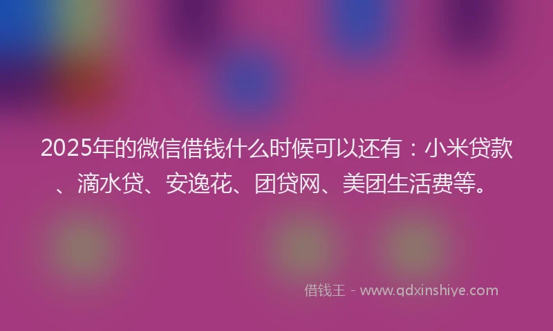 2025年的微信借钱什么时候可以还有：小米贷款、滴水贷、安逸花、团贷网、美团生活费等。