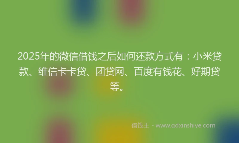 2025年的微信借钱之后如何还款方式有：小米贷款、维信卡卡贷、团贷网、百度有钱花、好期贷等。