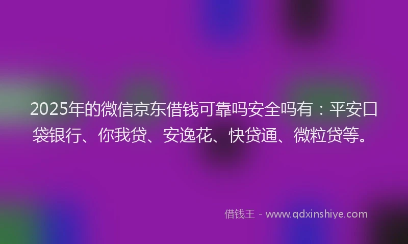2025年的微信京东借钱可靠吗安全吗有：平安口袋银行、你我贷、安逸花、快贷通、微粒贷等。