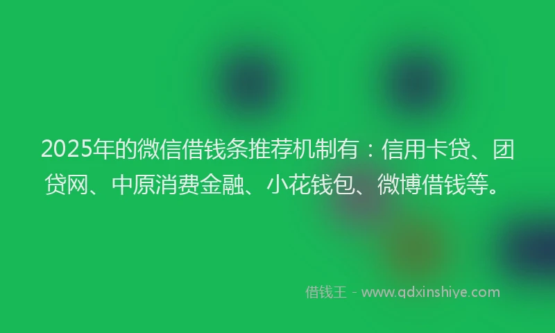 2025年的微信借钱条推荐机制有：信用卡贷、团贷网、中原消费金融、小花钱包、微博借钱等。