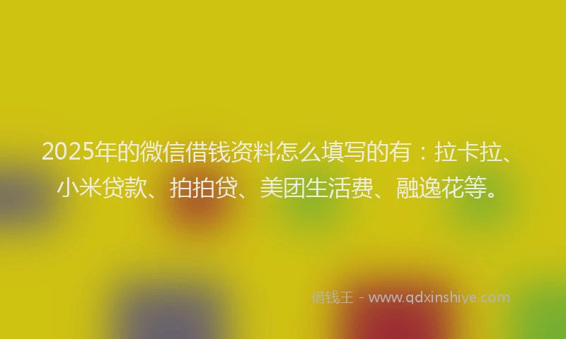 2025年的微信借钱资料怎么填写的有：拉卡拉、小米贷款、拍拍贷、美团生活费、融逸花等。