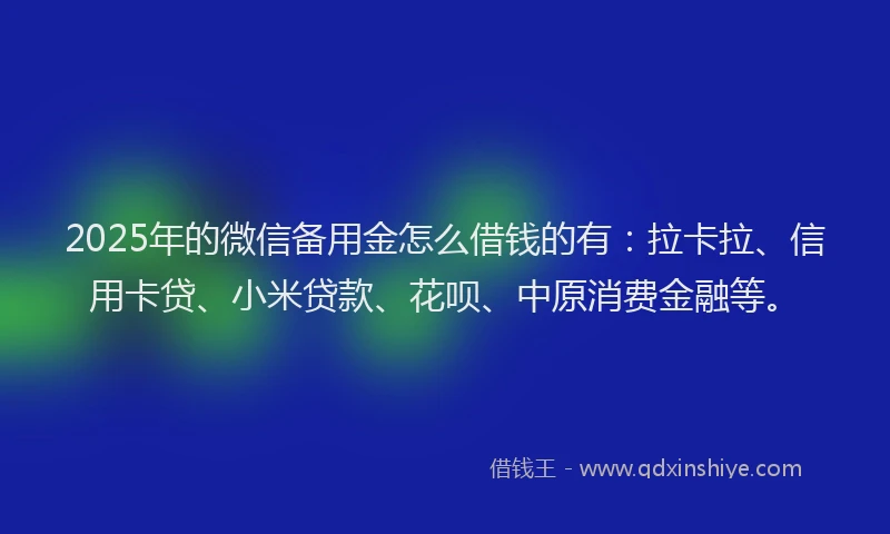 2025年的微信备用金怎么借钱的有：拉卡拉、信用卡贷、小米贷款、花呗、中原消费金融等。