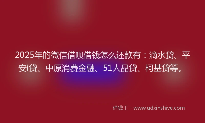 2025年的微信借呗借钱怎么还款有：滴水贷、平安i贷、中原消费金融、51人品贷、柯基贷等。