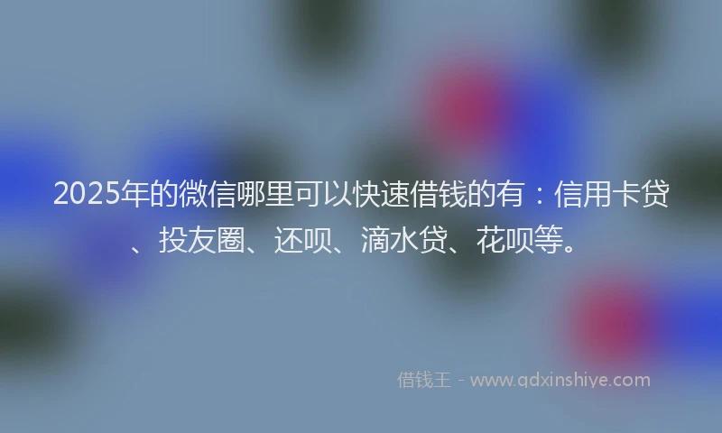 2025年的微信哪里可以快速借钱的有：信用卡贷、投友圈、还呗、滴水贷、花呗等。