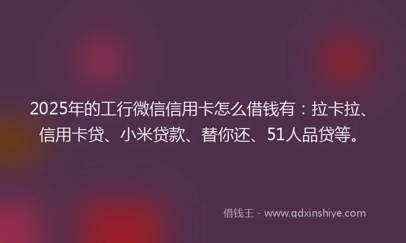 2025年的工行微信信用卡怎么借钱有：拉卡拉、信用卡贷、小米贷款、替你还、51人品贷等。