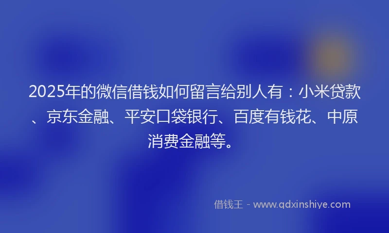 2025年的微信借钱如何留言给别人有：小米贷款、京东金融、平安口袋银行、百度有钱花、中原消费金融等。