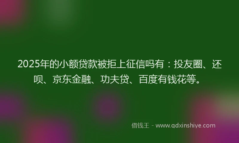 2025年的小额贷款被拒上征信吗有：投友圈、还呗、京东金融、功夫贷、百度有钱花等。