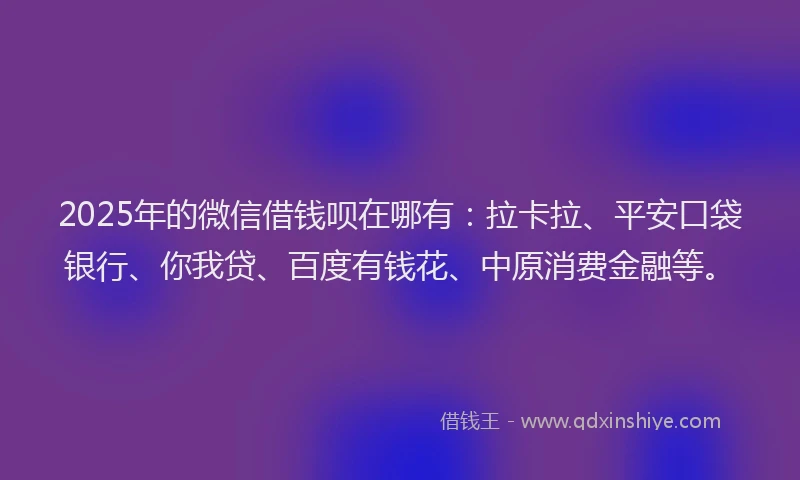 2025年的微信借钱呗在哪有：拉卡拉、平安口袋银行、你我贷、百度有钱花、中原消费金融等。