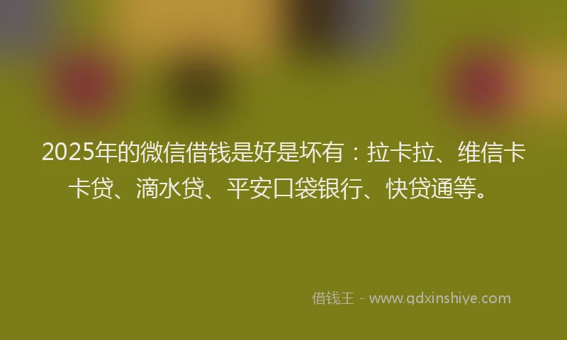 2025年的微信借钱是好是坏有：拉卡拉、维信卡卡贷、滴水贷、平安口袋银行、快贷通等。