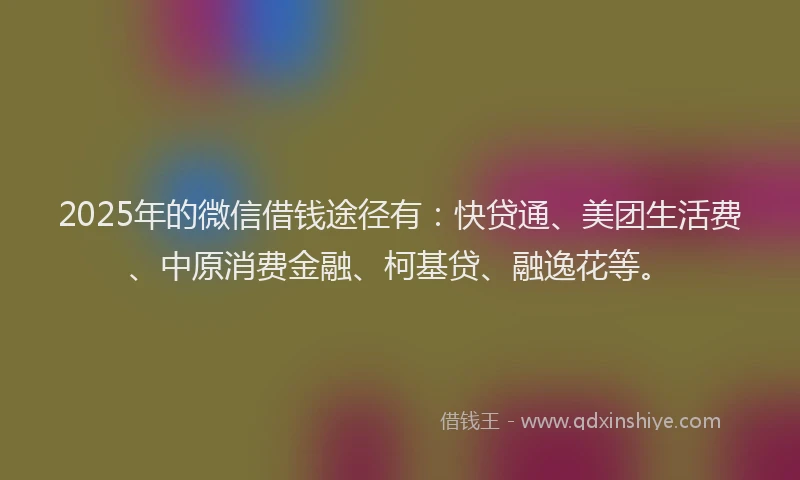 2025年的微信借钱途径有：快贷通、美团生活费、中原消费金融、柯基贷、融逸花等。