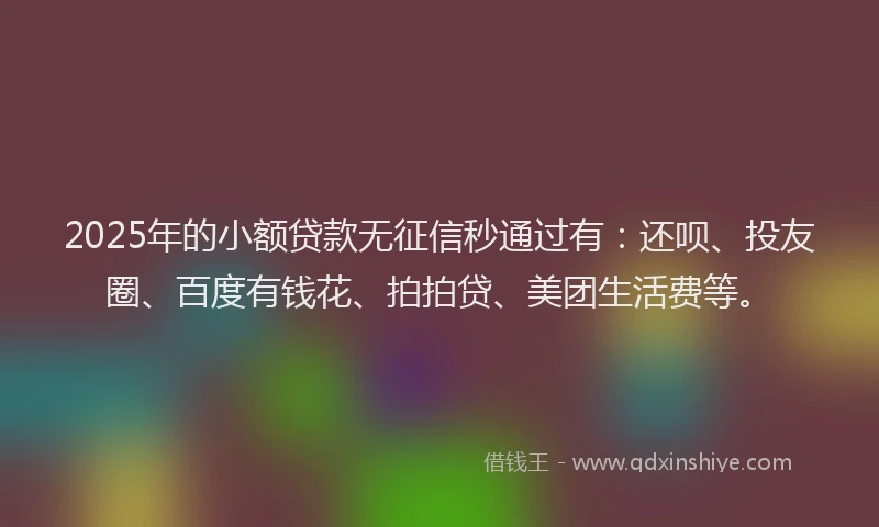 2025年的小额贷款无征信秒通过有：还呗、投友圈、百度有钱花、拍拍贷、美团生活费等。