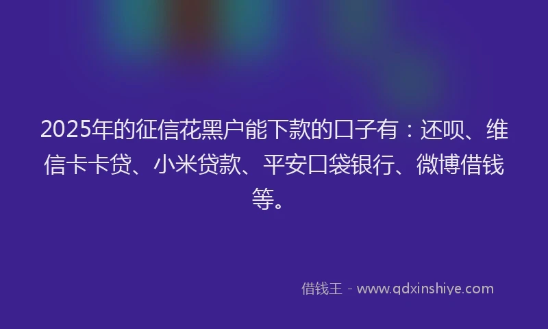 2025年的征信花黑户能下款的口子有：还呗、维信卡卡贷、小米贷款、平安口袋银行、微博借钱等。