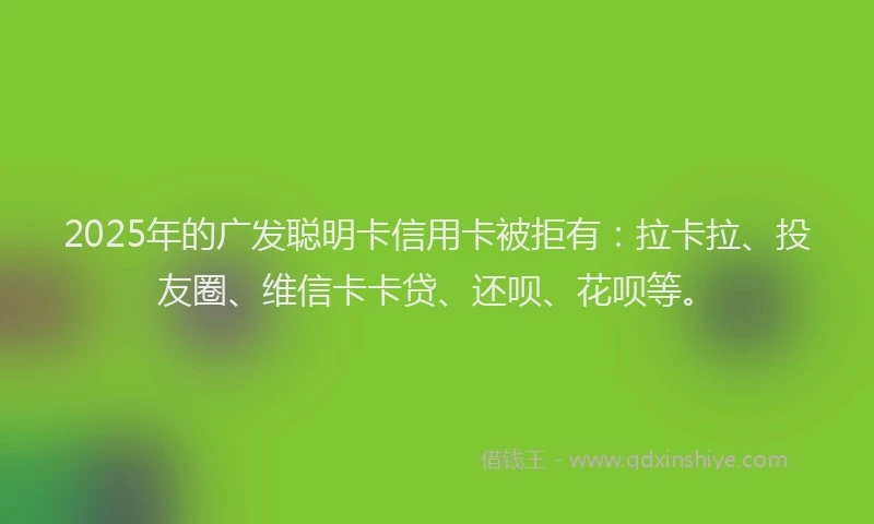 2025年的广发聪明卡信用卡被拒有：拉卡拉、投友圈、维信卡卡贷、还呗、花呗等。