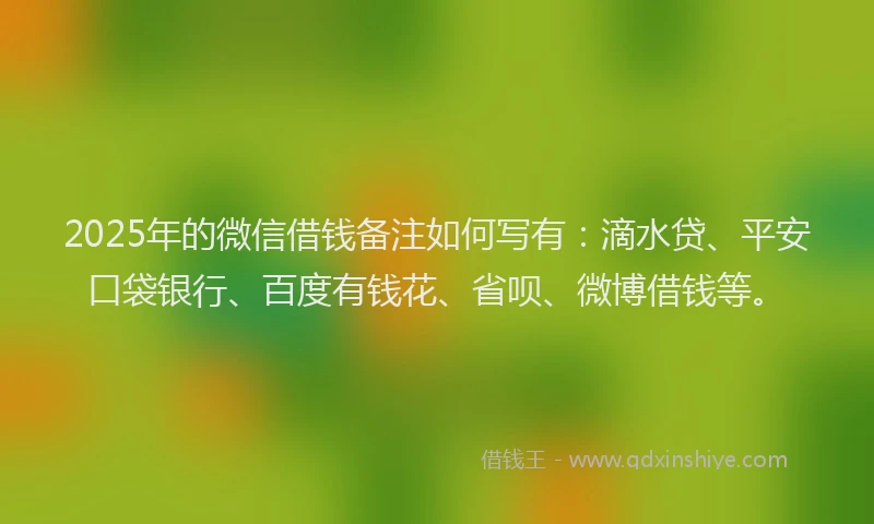 2025年的微信借钱备注如何写有：滴水贷、平安口袋银行、百度有钱花、省呗、微博借钱等。