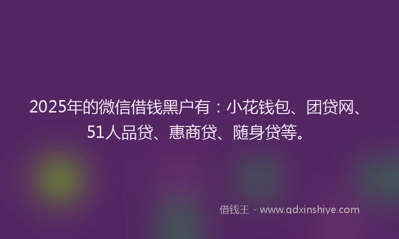 2025年的微信借钱黑户有：小花钱包、团贷网、51人品贷、惠商贷、随身贷等。