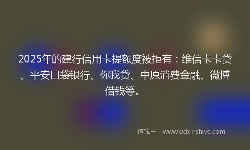 2025年的建行信用卡提额度被拒有：维信卡卡贷、平安口袋银行、你我贷、中原消费金融、微博借钱等。