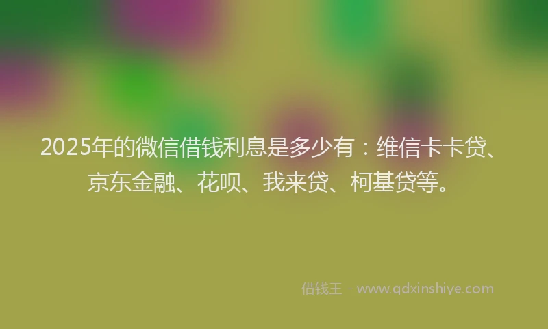 2025年的微信借钱利息是多少有：维信卡卡贷、京东金融、花呗、我来贷、柯基贷等。