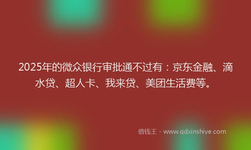 2025年的微众银行审批通不过有：京东金融、滴水贷、超人卡、我来贷、美团生活费等。