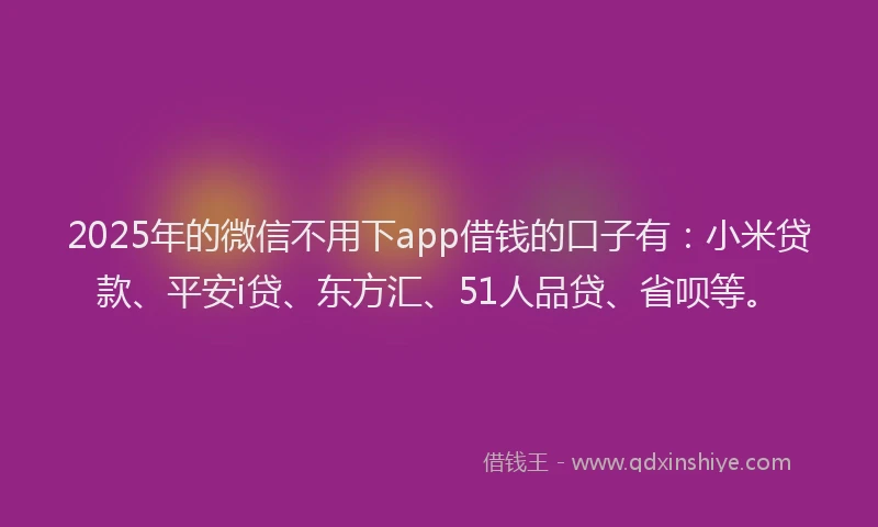 2025年的微信不用下app借钱的口子有：小米贷款、平安i贷、东方汇、51人品贷、省呗等。