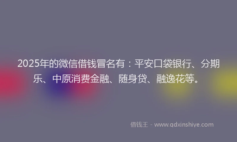 2025年的微信借钱冒名有：平安口袋银行、分期乐、中原消费金融、随身贷、融逸花等。