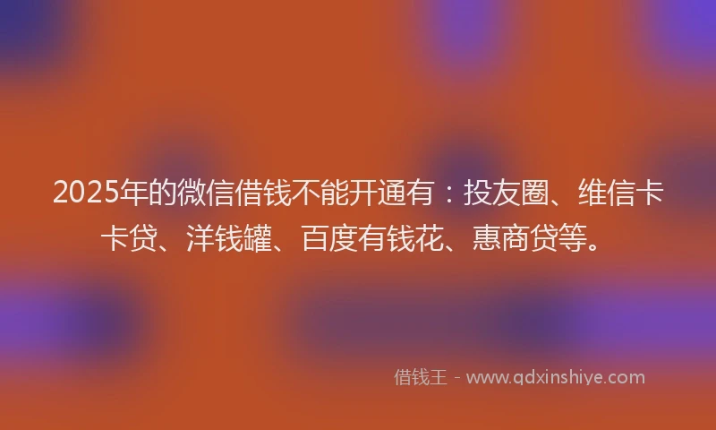 2025年的微信借钱不能开通有：投友圈、维信卡卡贷、洋钱罐、百度有钱花、惠商贷等。