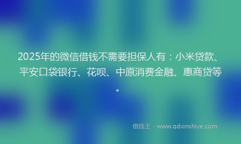 2025年的微信借钱不需要担保人有：小米贷款、平安口袋银行、花呗、中原消费金融、惠商贷等。