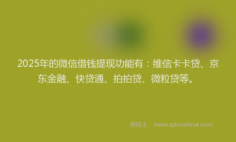 2025年的微信借钱提现功能有：维信卡卡贷、京东金融、快贷通、拍拍贷、微粒贷等。