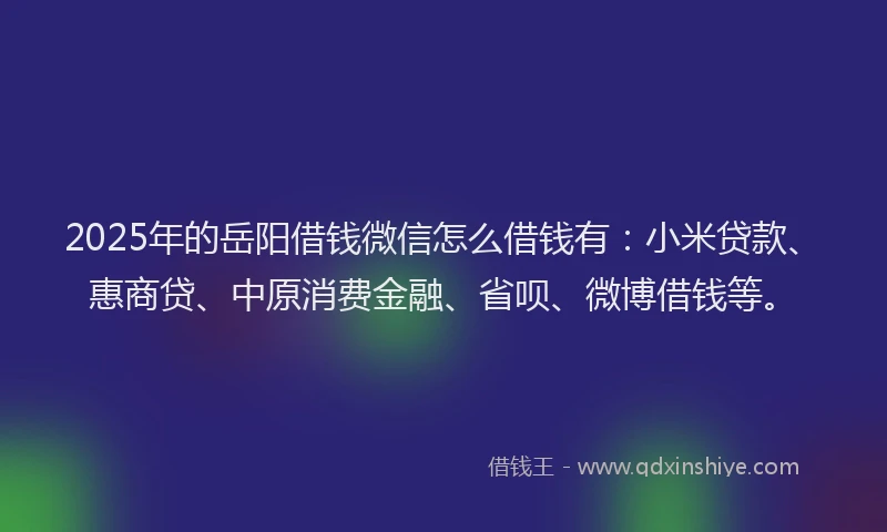 2025年的岳阳借钱微信怎么借钱有：小米贷款、惠商贷、中原消费金融、省呗、微博借钱等。
