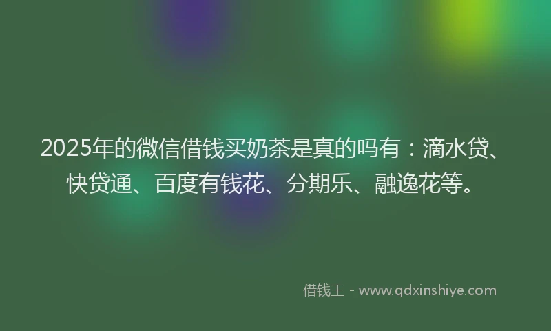 2025年的微信借钱买奶茶是真的吗有：滴水贷、快贷通、百度有钱花、分期乐、融逸花等。